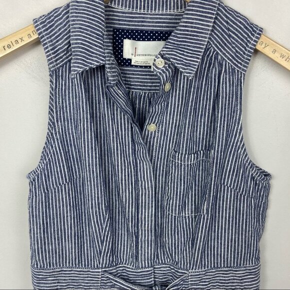 Anthropologie‎ Linen Blue Striped Romper Tie Waist Size 0 Bohemian Playsuit Boho - Picture 5 of 10
